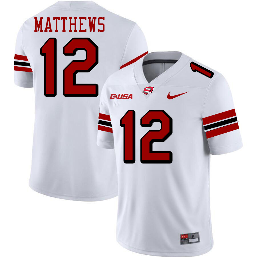 Western Kentucky Hilltoppers #12 Chandler Matthews College Football Jerseys Stitched-White Western Kentucky Hilltoppers #12 Chandler Matthews College Football Jerseys Stitched-White